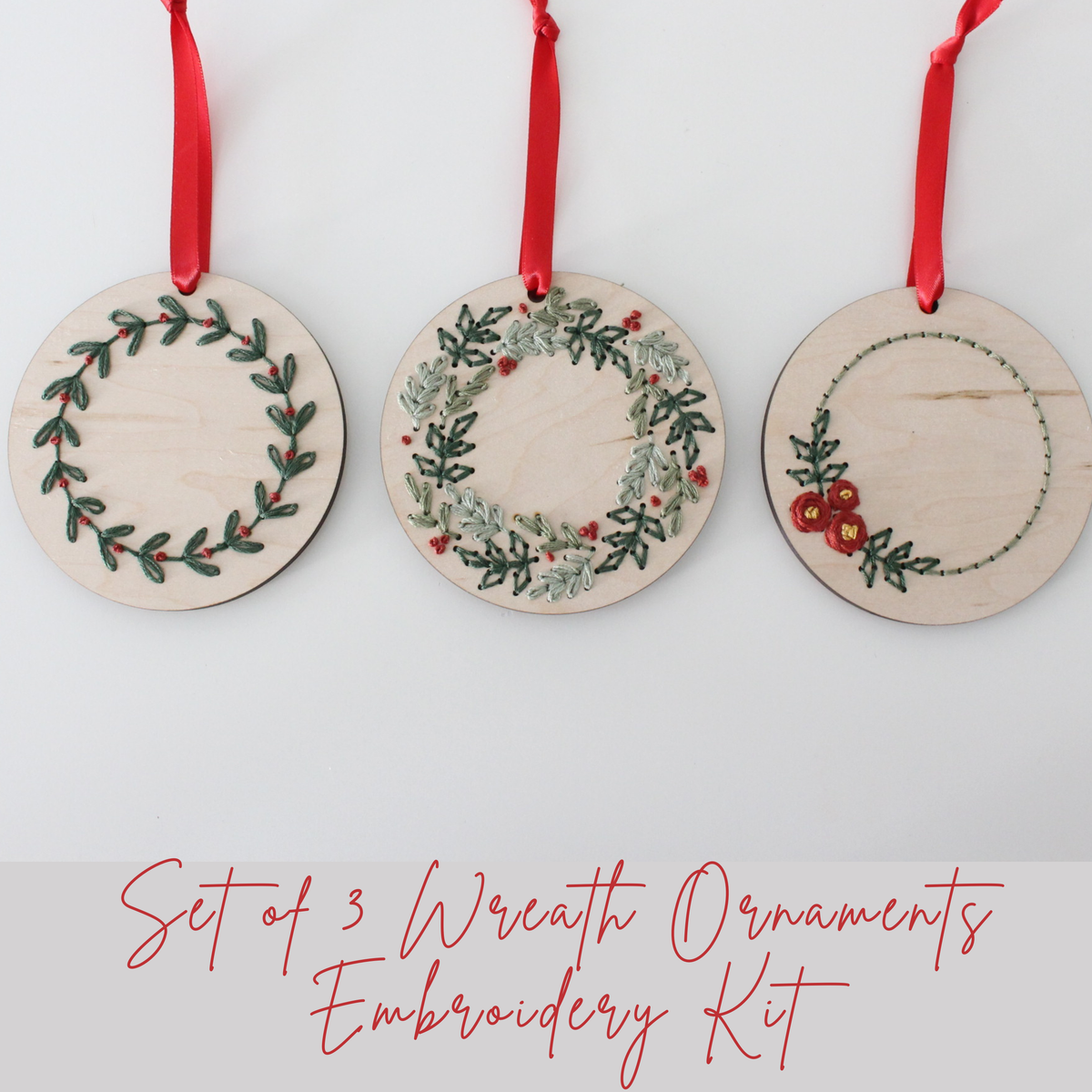 Set of 3 Christmas Wreath Ornament DIY Embroidery Kit - Granite State Yarns