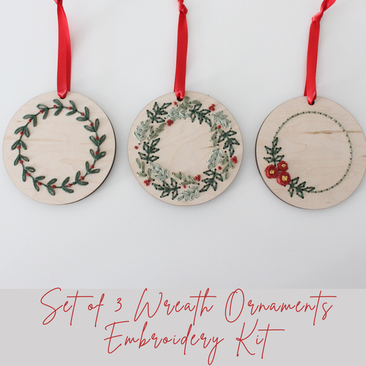 Set of 3 Christmas Wreath Ornament DIY Embroidery Kit - Granite State Yarns