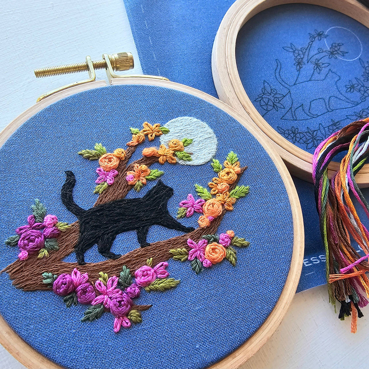 Mini Black Cat & Full Moon Embroidery Kit