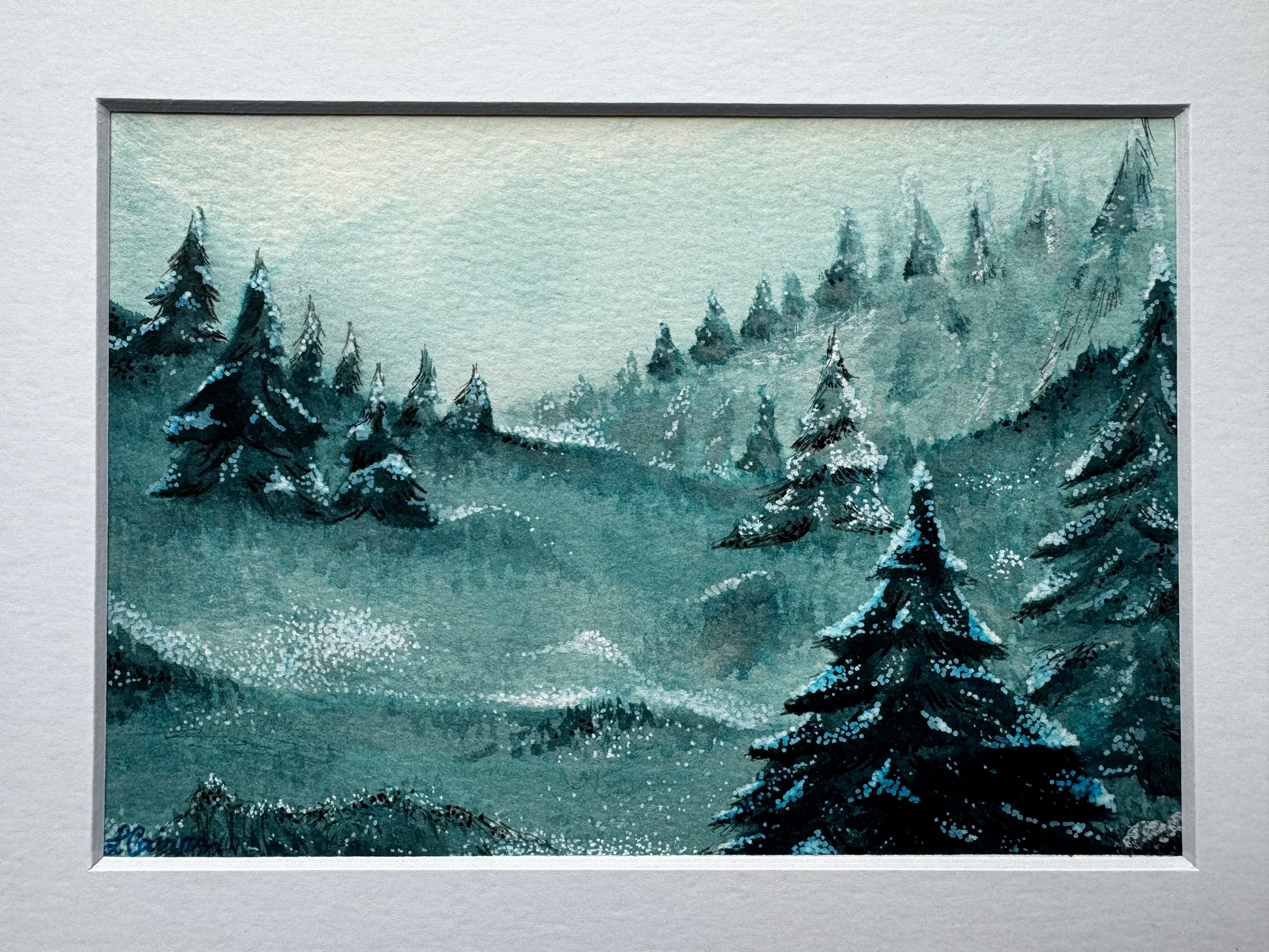 Matted winter landscape with blue and green tones on a light gray background
